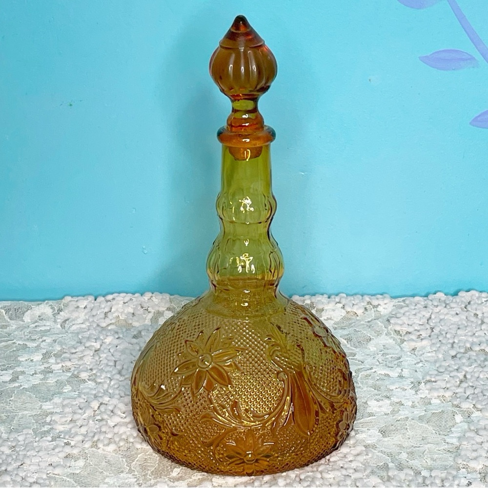 Vintage Indiana Glass Tiara Sandwich Amber Decanter Retro MCM Flower Jeanie